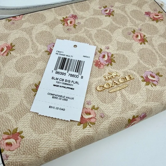 Coach Slim Crossbody Bag In Signature Canvas With Floral Print Gold Sand Multi - Picture 9 of 12